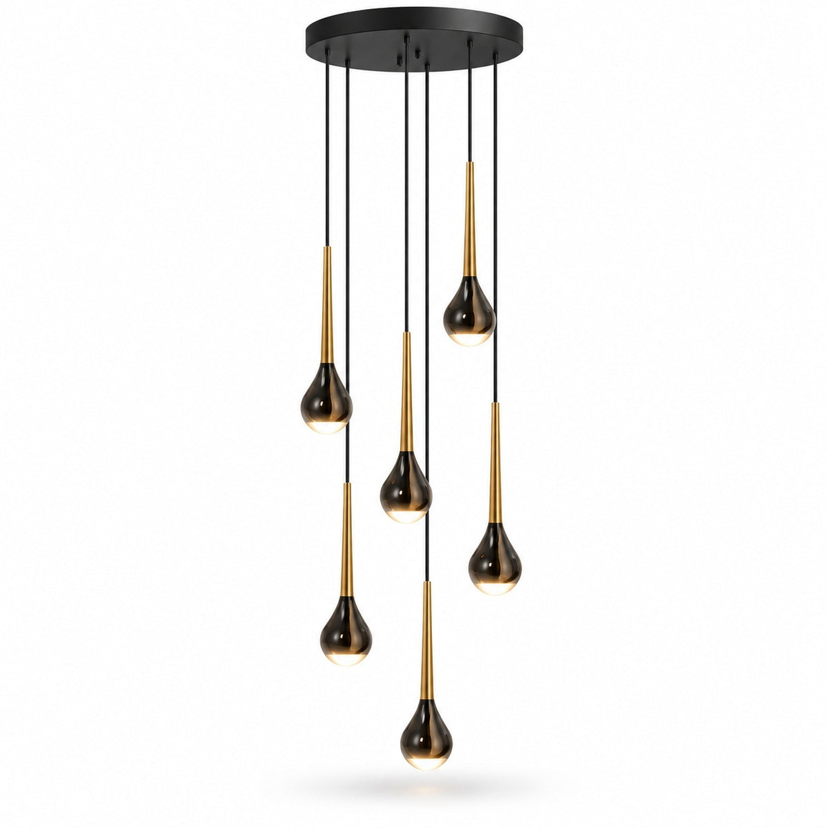 Modern multi-light chandelier with six teardrop-shaped black glass shades hanging from a black circular canopy, each accented with a brushed gold inner tube, shown on a white background.