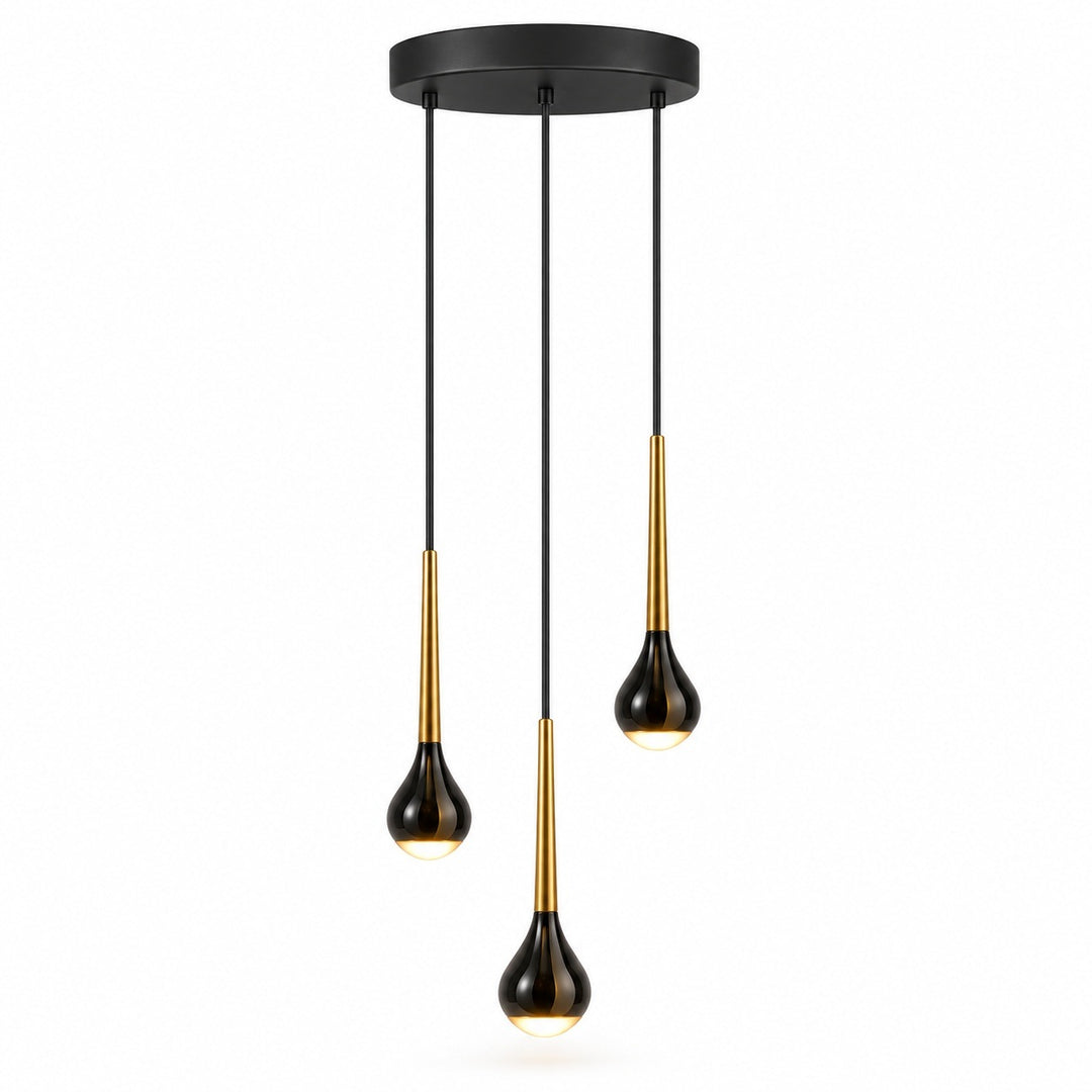 Three-light linear pendant chandelier with a matte black circular canopy, black cords, and teardrop-shaped glass shades accented with brushed gold metal.