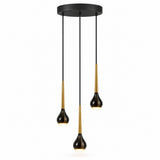 Three-light linear pendant chandelier with a matte black circular canopy, black cords, and teardrop-shaped glass shades accented with brushed gold metal.