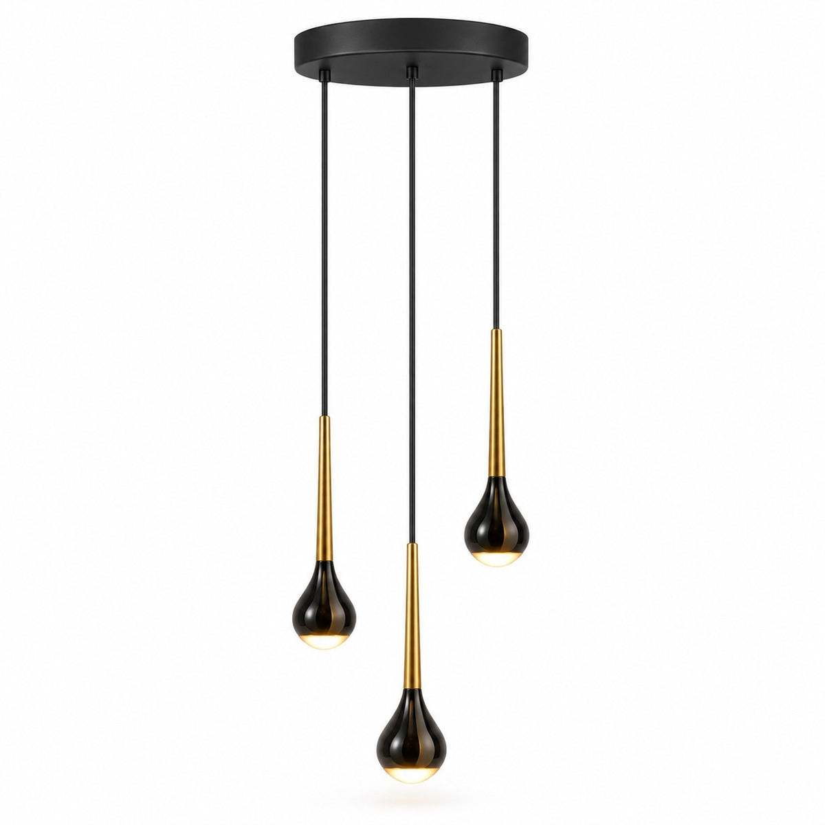 Three-light linear pendant chandelier with a matte black circular canopy, black cords, and teardrop-shaped glass shades accented with brushed gold metal.