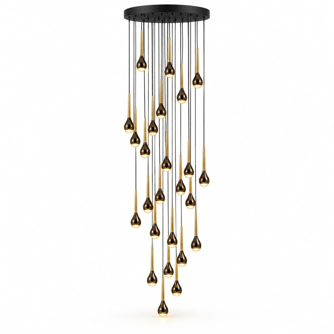 A modern multi-light chandelier with a circular black ceiling canopy and multiple hanging teardrop-shaped bulbs in a gold and black finish, suspended against a plain white background.