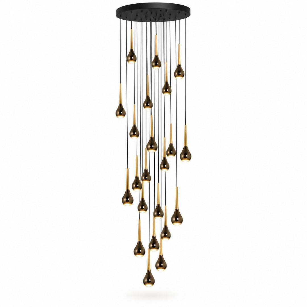 A modern multi-light chandelier with a circular black ceiling mount from which multiple black cords hang teardrop-shaped bulbs with gold-toned inner shades, shown against a plain white background.