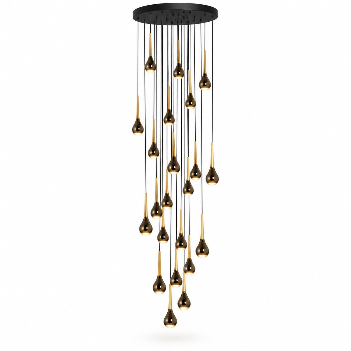 A modern multi-light chandelier with a circular black ceiling mount from which multiple black cords hang teardrop-shaped bulbs with gold-toned inner shades, shown against a plain white background.