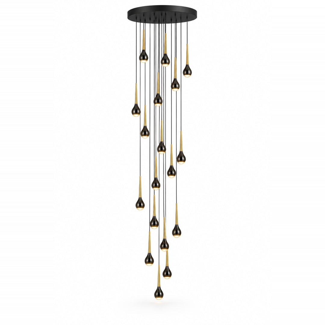 A modern multi-light chandelier with a circular black ceiling mount, featuring twenty black teardrop-shaped pendant lights with brushed gold inner linings, suspended from thin black cables against a white background.