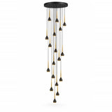 A modern multi-light chandelier with a circular black ceiling mount, featuring twenty black teardrop-shaped pendant lights with brushed gold inner linings, suspended from thin black cables against a white background.