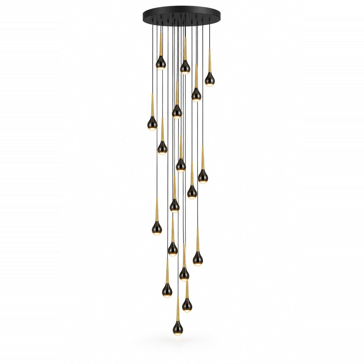 A modern multi-light chandelier with a circular black ceiling mount, featuring twenty black teardrop-shaped pendant lights with brushed gold inner linings, suspended from thin black cables against a white background.