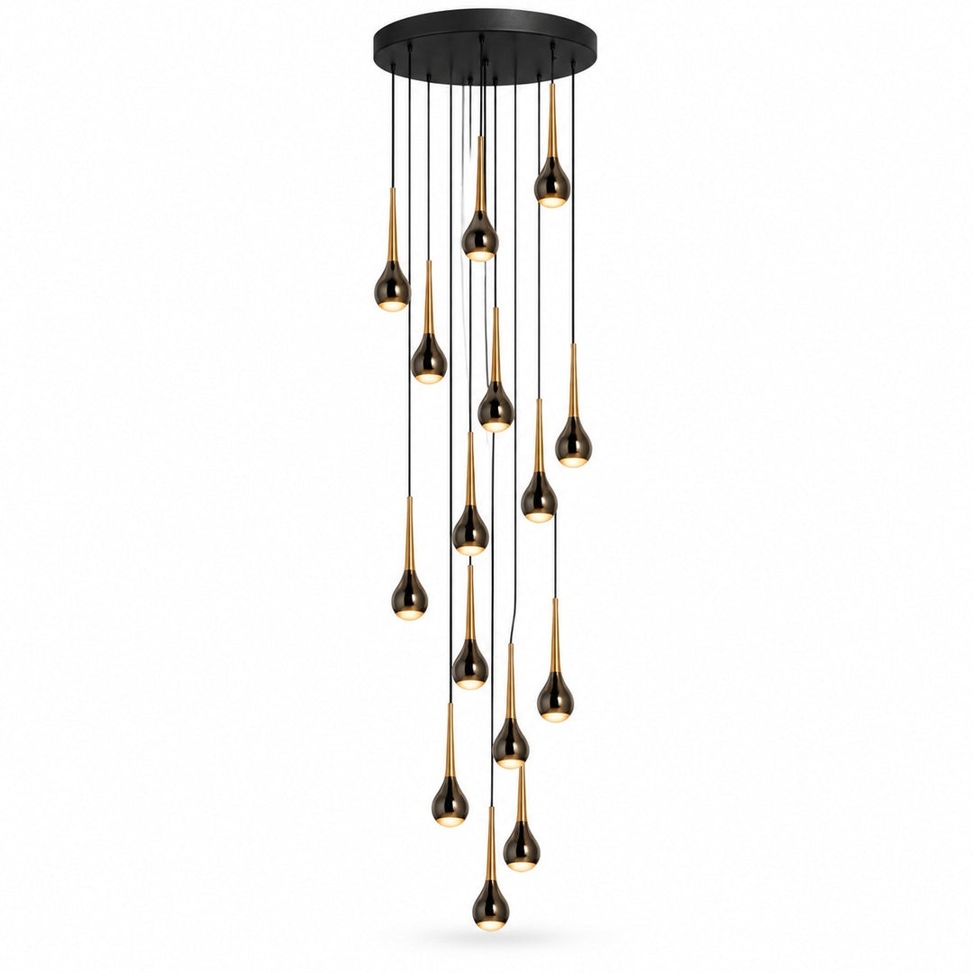 A modern multi-light chandelier with a circular black ceiling canopy and twelve hanging teardrop-shaped bulbs in a glossy black and brushed gold finish, shown against a plain white background.