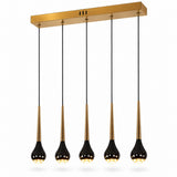 Five-light linear chandelier with a brushed gold rectangular ceiling canopy, black cords, and teardrop-shaped black and gold pendant shades, shown on a white background.