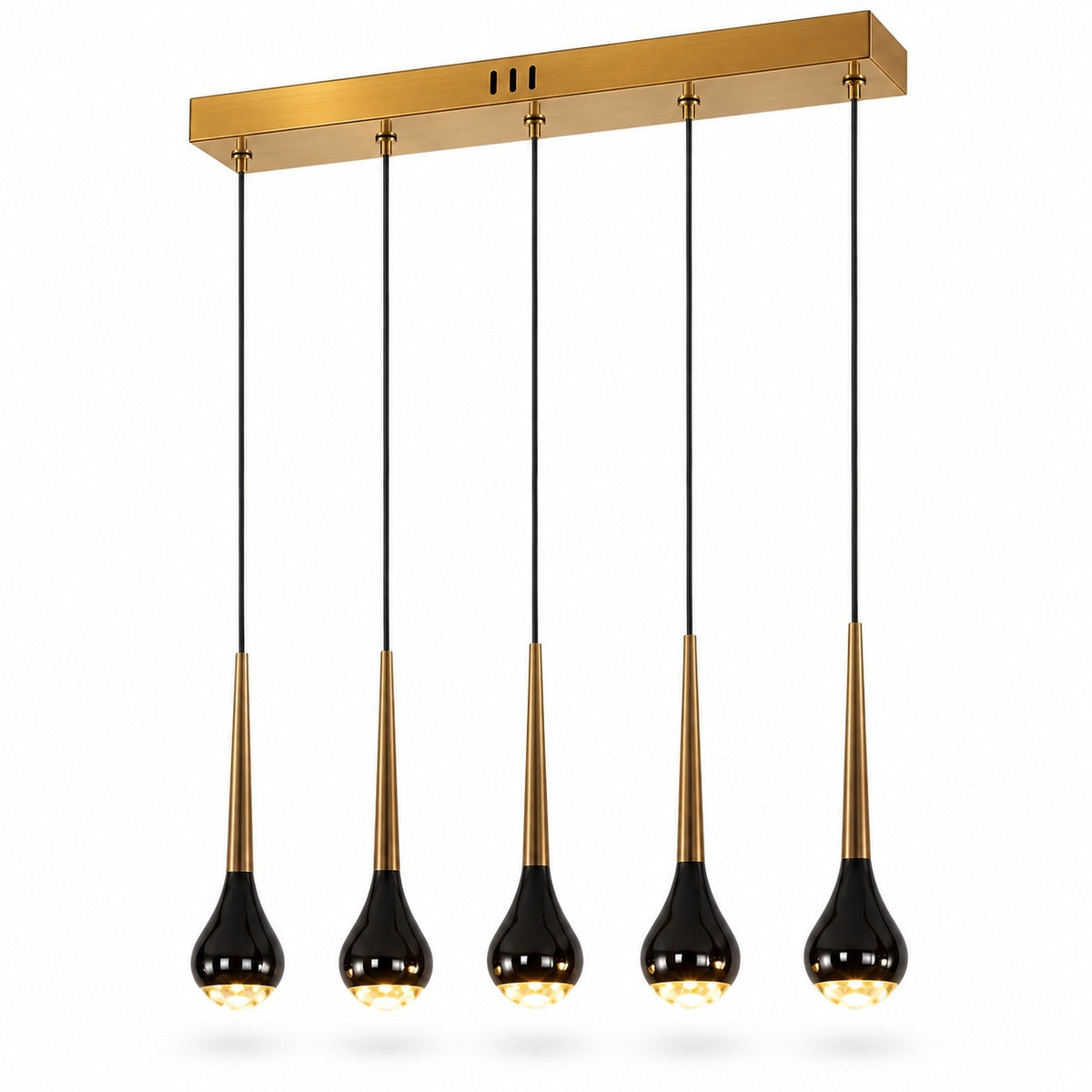Five-light linear chandelier with a brushed gold rectangular ceiling canopy, black cords, and teardrop-shaped black and gold pendant shades, shown on a white background.