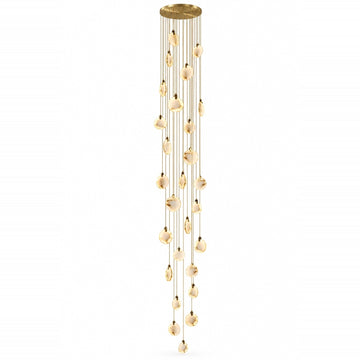 A modern multi-light linear chandelier with a brushed gold finish, featuring multiple clear glass disc shades that hang in a cascading, wind-like motion from thin gold wires, set against a plain white background.