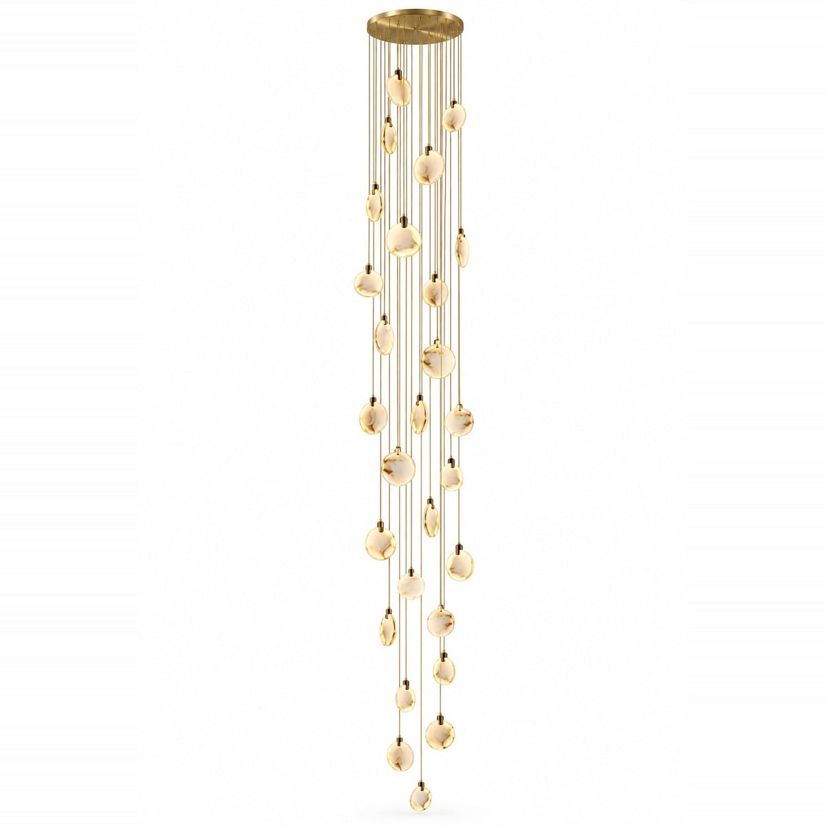 A modern multi-light linear chandelier with a brushed gold finish, featuring multiple clear glass disc shades that hang in a cascading, wind-like motion from thin gold wires, set against a plain white background.
