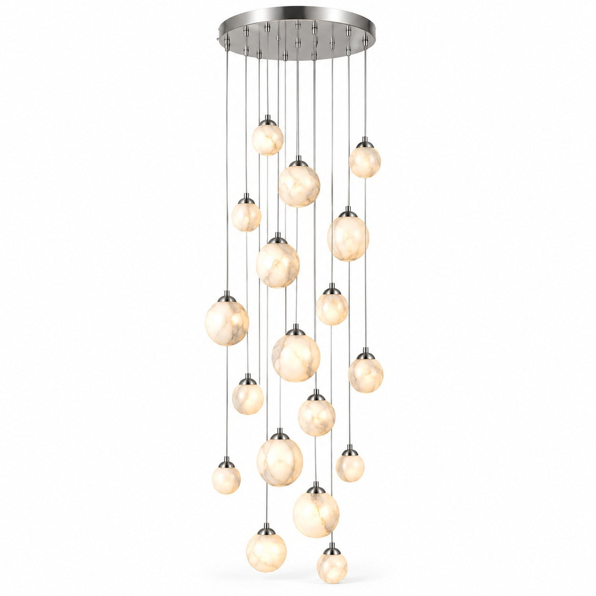 A modern multi-light chandelier with a circular brushed nickel ceiling canopy and multiple hanging glass globes, shown against a plain white background.