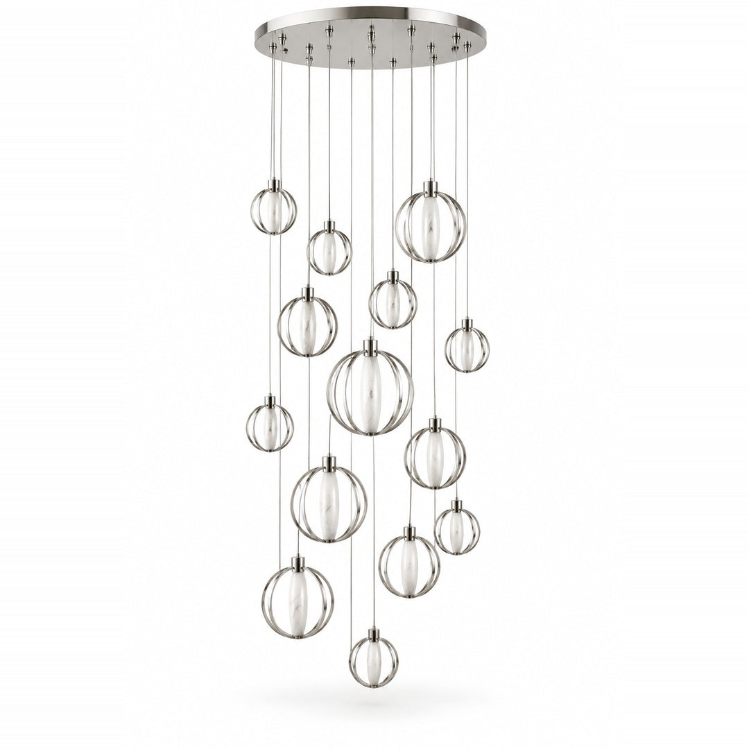 A modern multi-light linear chandelier with clear glass spherical pendant globes suspended from a brushed silver metal canopy and rods, shown against a plain white background.