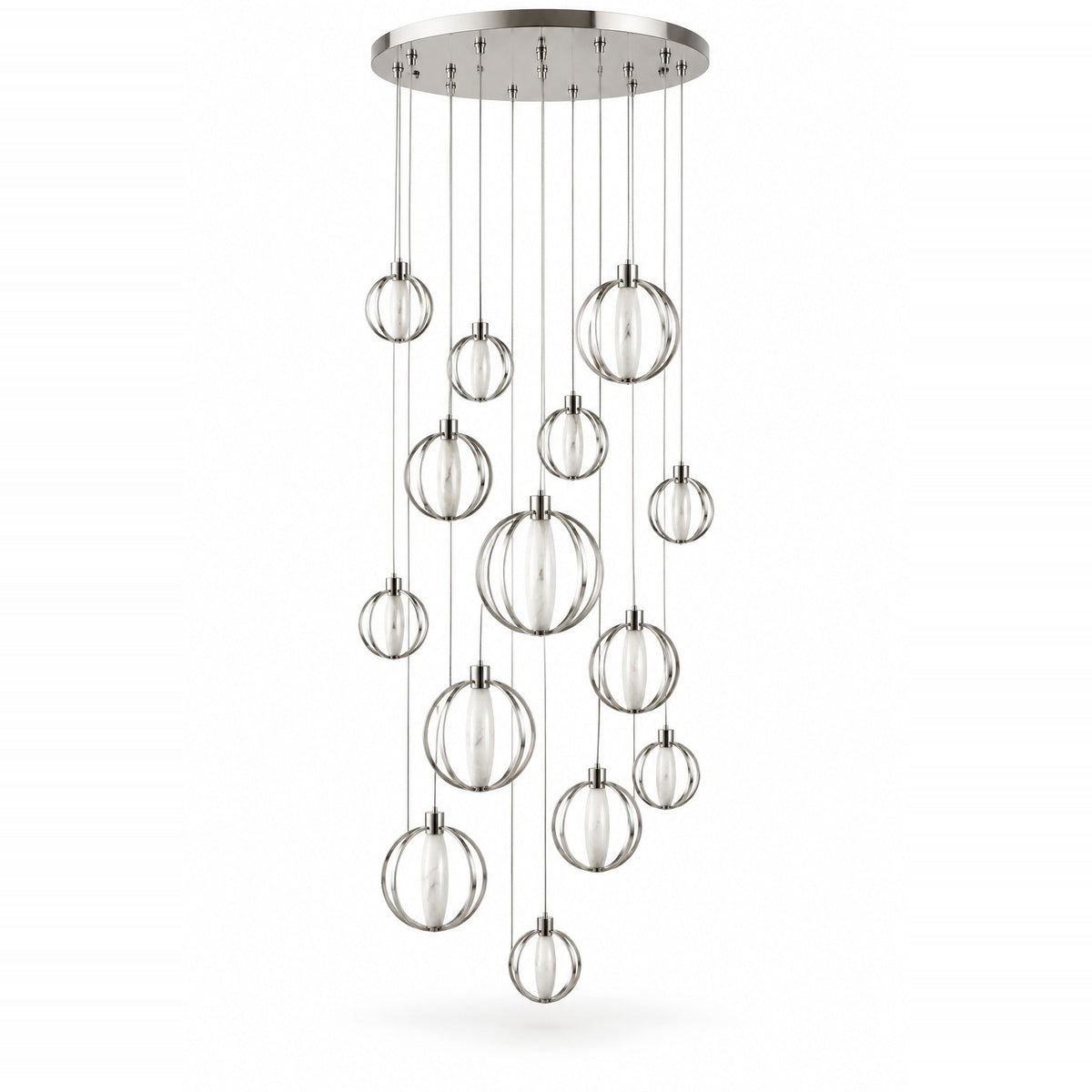 A modern multi-light linear chandelier with clear glass spherical pendant globes suspended from a brushed silver metal canopy and rods, shown against a plain white background.