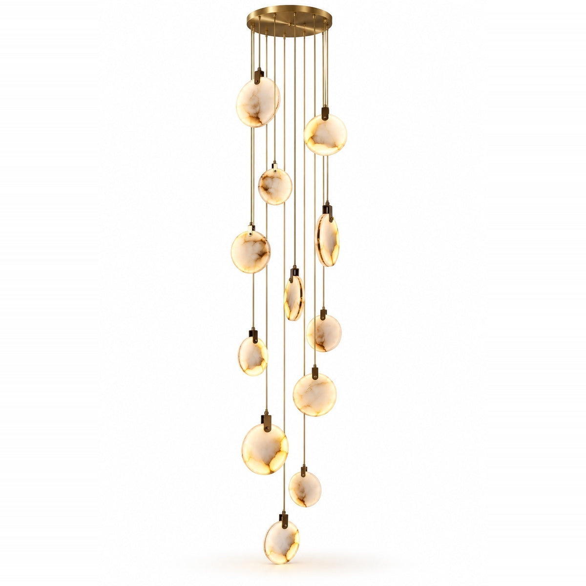 A modern multi-light chandelier with a gold-finished ceiling canopy and multiple hanging glass globes that glow warm white when illuminated, shown against a plain white background.