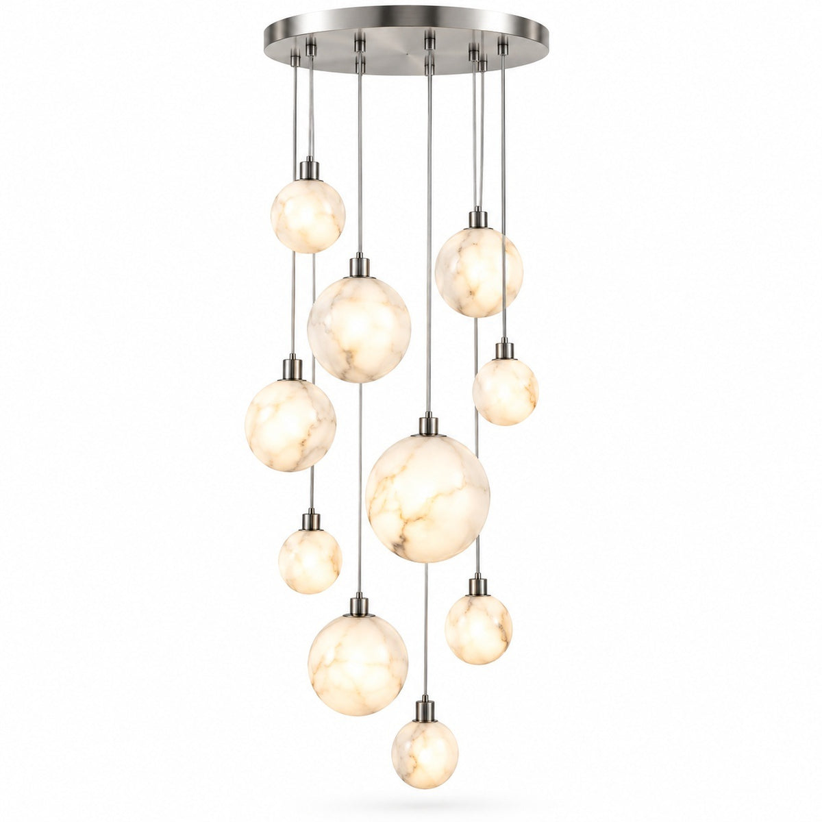 A modern multi-light chandelier with a brushed nickel circular canopy and multiple hanging spherical glass shades with a warm cream and beige marble pattern, shown against a plain white background.