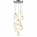 A modern multi-light chandelier with a circular brushed nickel ceiling canopy and nine hanging marble globes in varying sizes, shown against a solid white background.