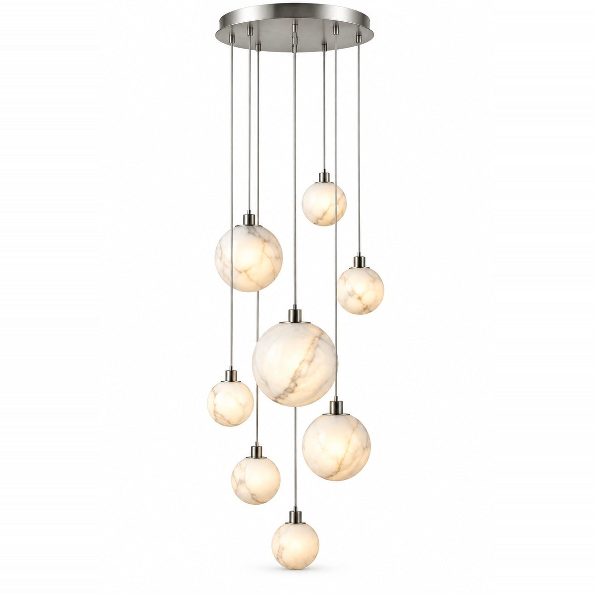 A modern multi-light chandelier with a circular brushed nickel ceiling canopy and nine hanging marble globes in varying sizes, shown against a solid white background.