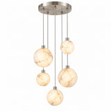 A modern multi-light pendant chandelier with five spherical marble glass shades of varying sizes hanging from a circular brushed nickel canopy.