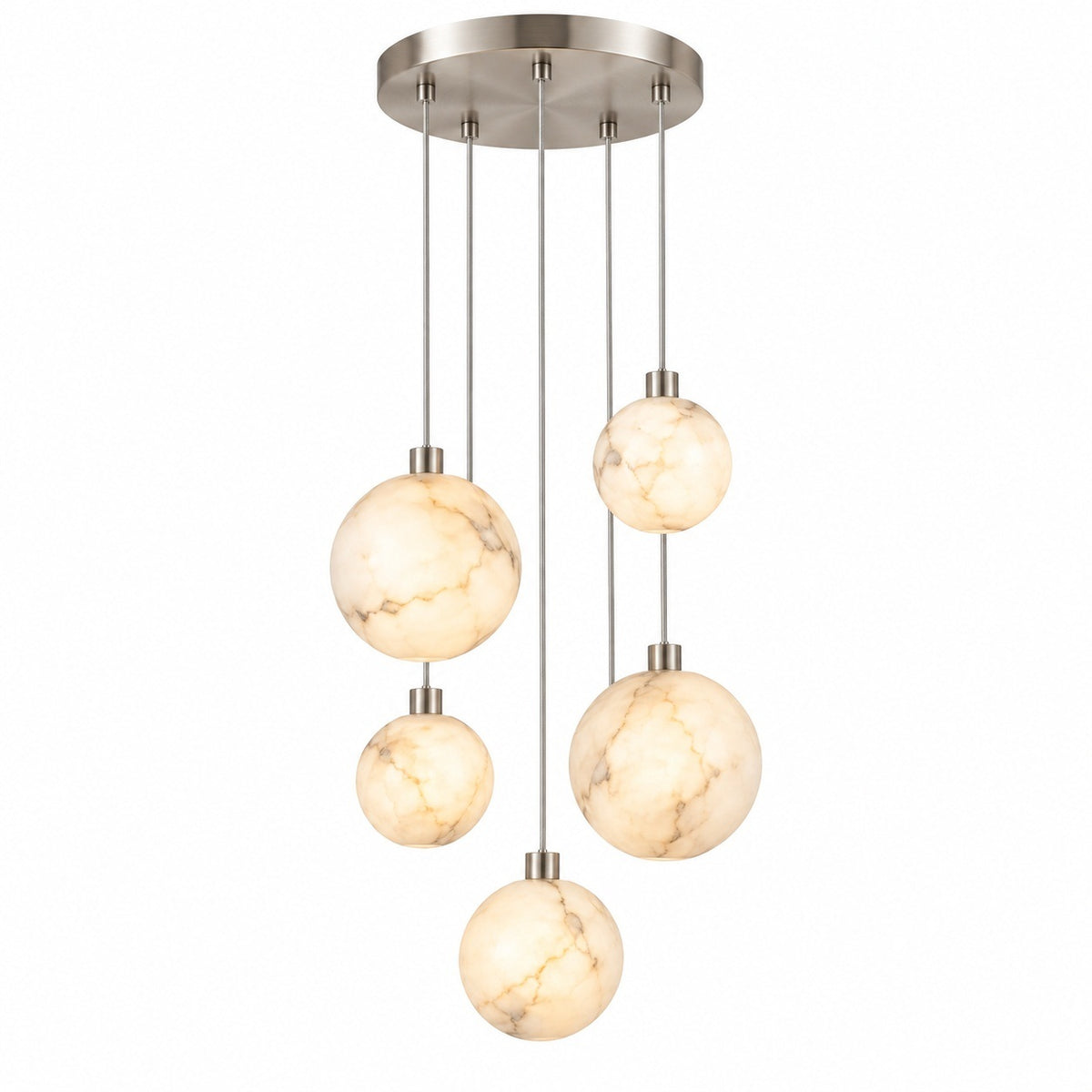 A modern multi-light pendant chandelier with five spherical marble glass shades of varying sizes hanging from a circular brushed nickel canopy.