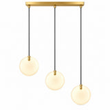 A chandelier has three glowing cream discs suspended at staggered heights on black cords beneath a rectangular gold canopy against white.