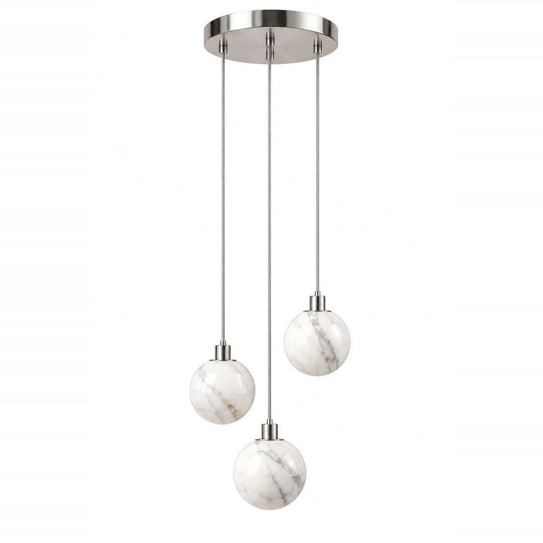 A modern three-light pendant chandelier with a brushed nickel finish and white marble glass globes of varying sizes, suspended from a circular ceiling canopy.