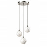 A modern three-light pendant chandelier with a brushed nickel finish and white marble glass globes of varying sizes, suspended from a circular ceiling canopy.