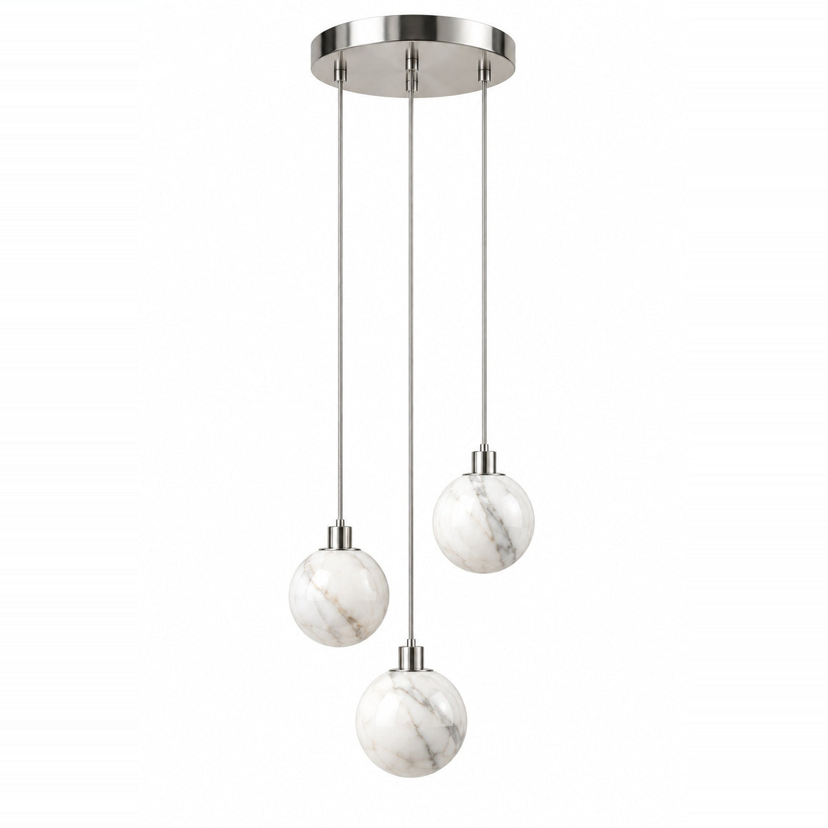 A modern three-light pendant chandelier with a brushed nickel finish and white marble glass globes of varying sizes, suspended from a circular ceiling canopy.