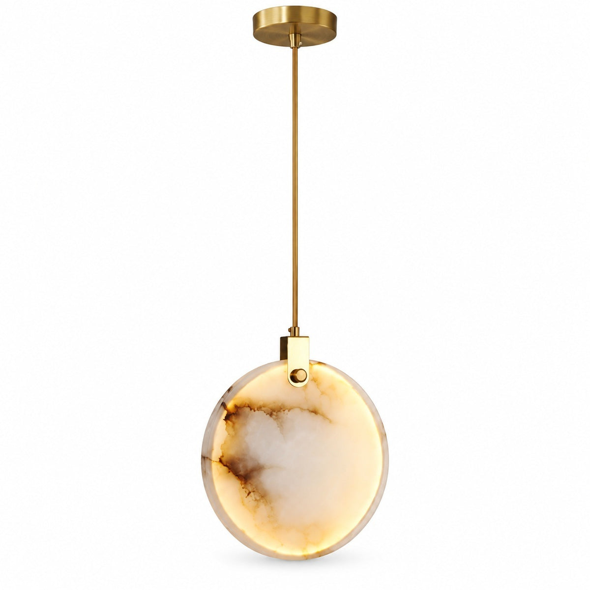 A chandelier features a glowing cream marble disc with dark amber veining, a gold stem, and a round canopy against white.