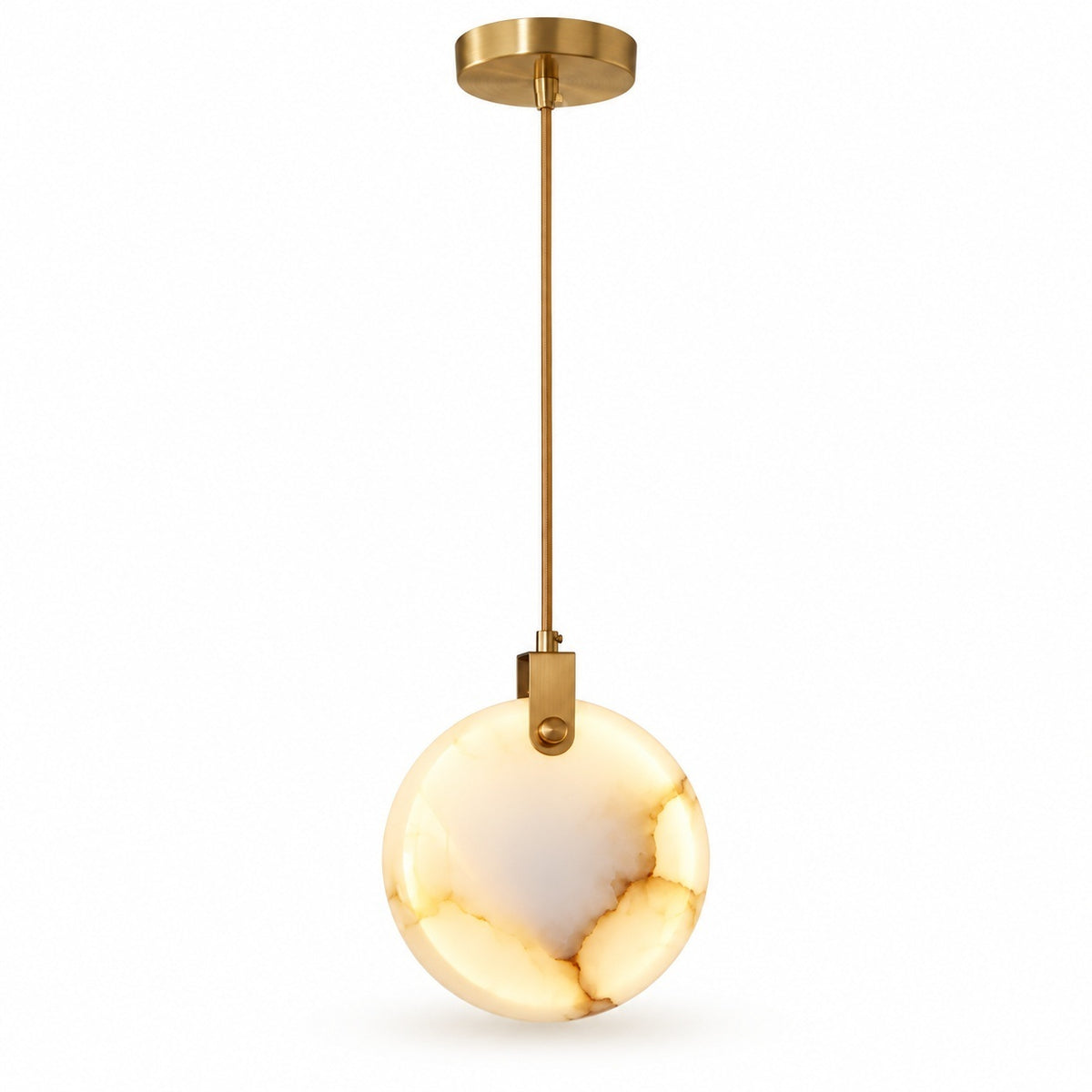 A chandelier features an illuminated cream marble disc with prominent amber veining along its right edge and gold fittings against white.