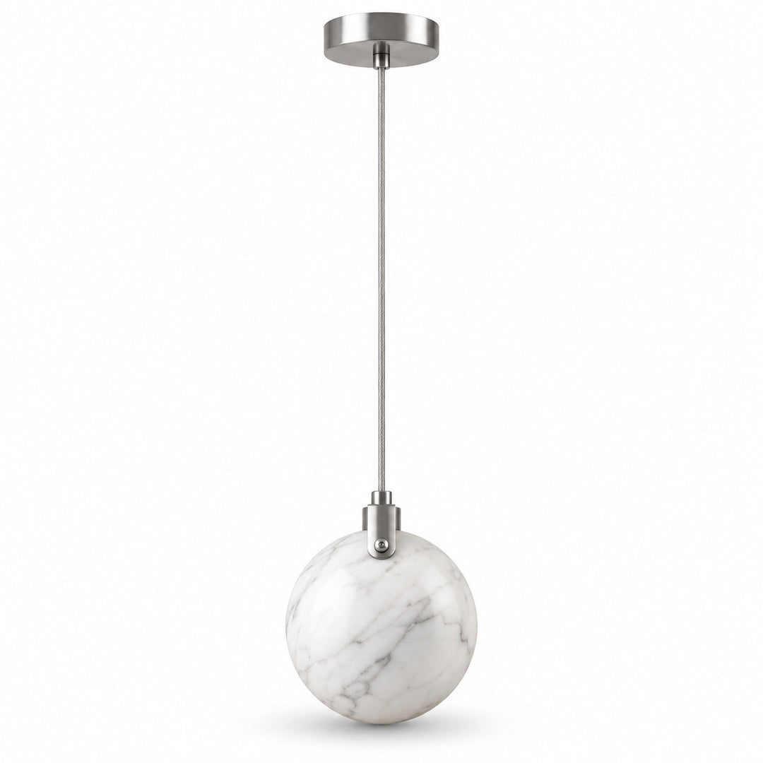 A chandelier features a white marble disc with diagonal gray veining, silver suspension, and a round silver canopy against white.