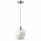 A chandelier features a white marble disc with diagonal gray veining, silver suspension, and a round silver canopy against white.