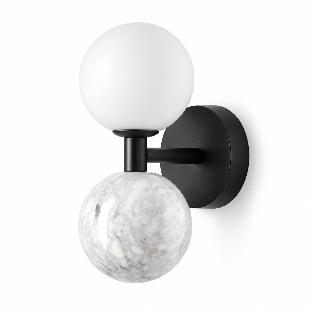 A modern wall-mounted sconce with a matte black circular backplate, horizontal arm, and vertical stem, featuring one matte white spherical globe and one white-and-gray marbled globe, shown on a plain white background.