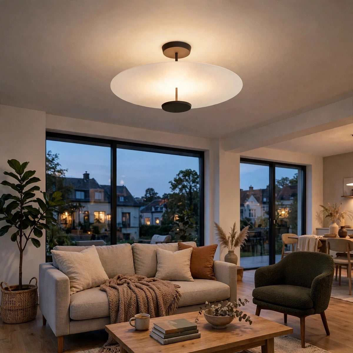 A modern semi-flush mount ceiling light fixture with a large oval white glass shade and a central brass rod, shown illuminated in a contemporary living room setting.