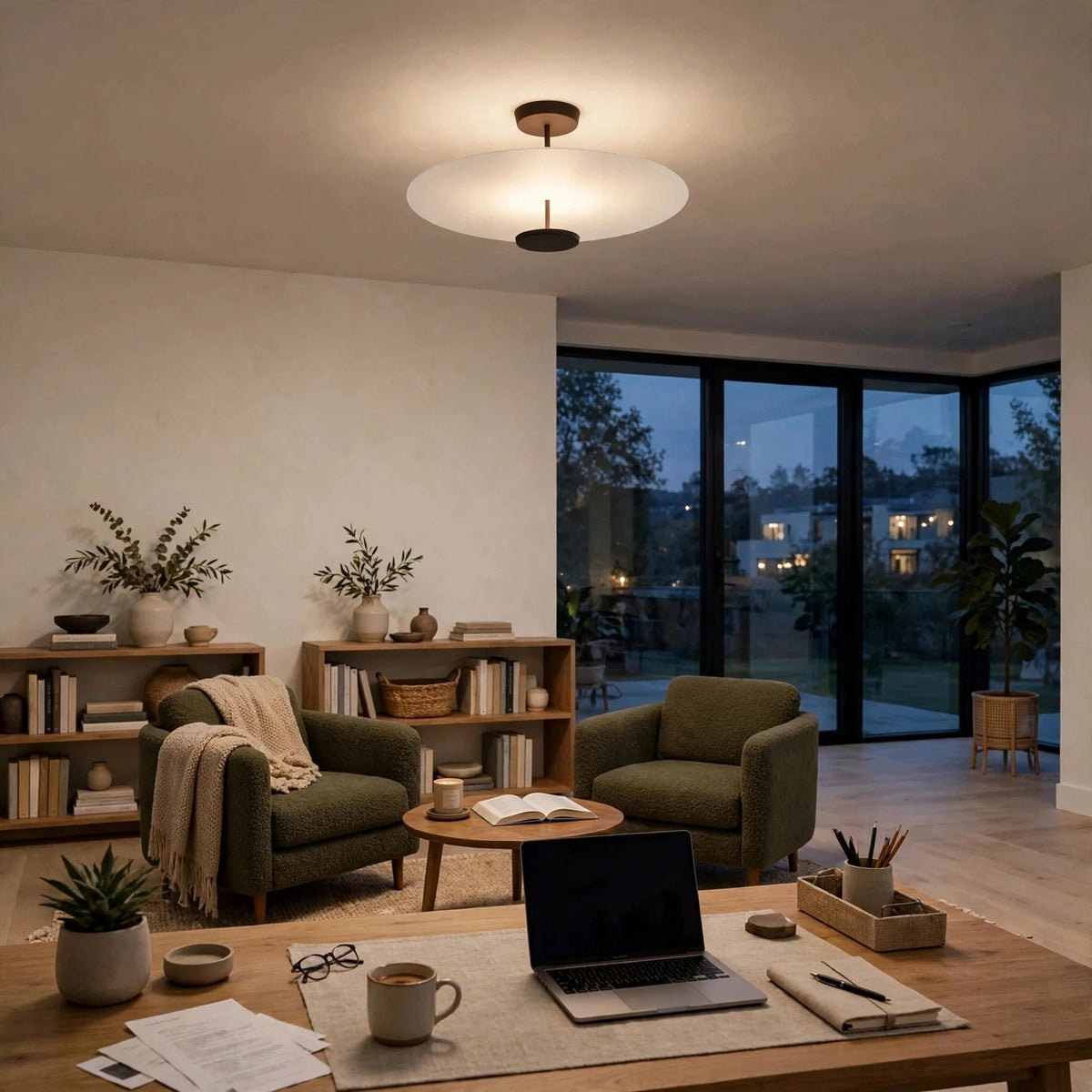 A modern ceiling light fixture with a circular white frosted shade and dark metal hardware, mounted on the ceiling of a cozy, warmly lit living room with green armchairs, wooden bookshelves, and a wooden desk in the foreground.