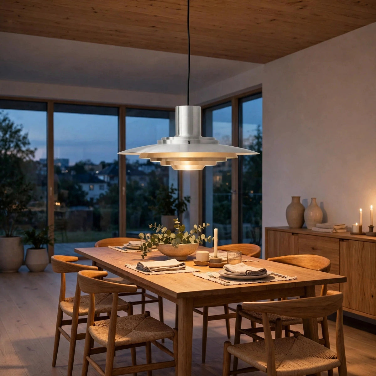A modern silver pendant light with a tiered, shield-like design hangs over a wooden dining table in a warm, contemporary dining room.