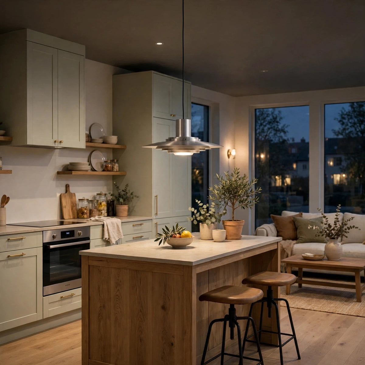 A modern kitchen island with a light wood grain cabinet and white countertop, set in a contemporary kitchen with sage green cabinets, a stainless steel oven, and a hanging silver pendant light. Two wooden bar stools are positioned in front of the island.