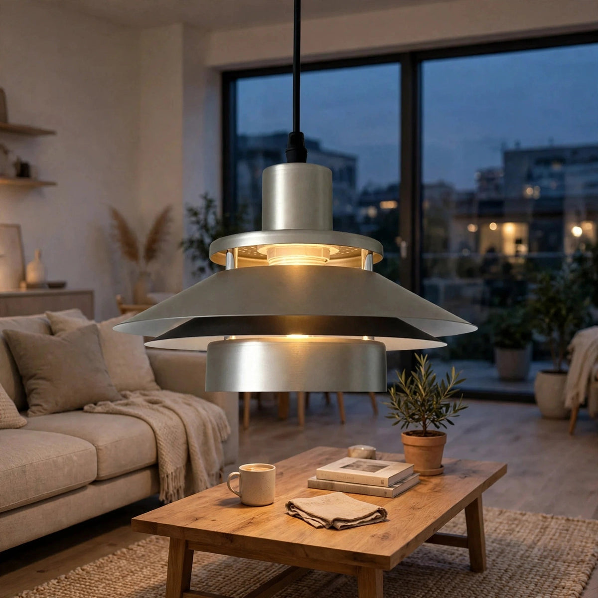 A modern pendant light with a brushed silver metal finish and a warm glowing light, hanging in a cozy, contemporary living room with a wooden coffee table and beige sofa.
