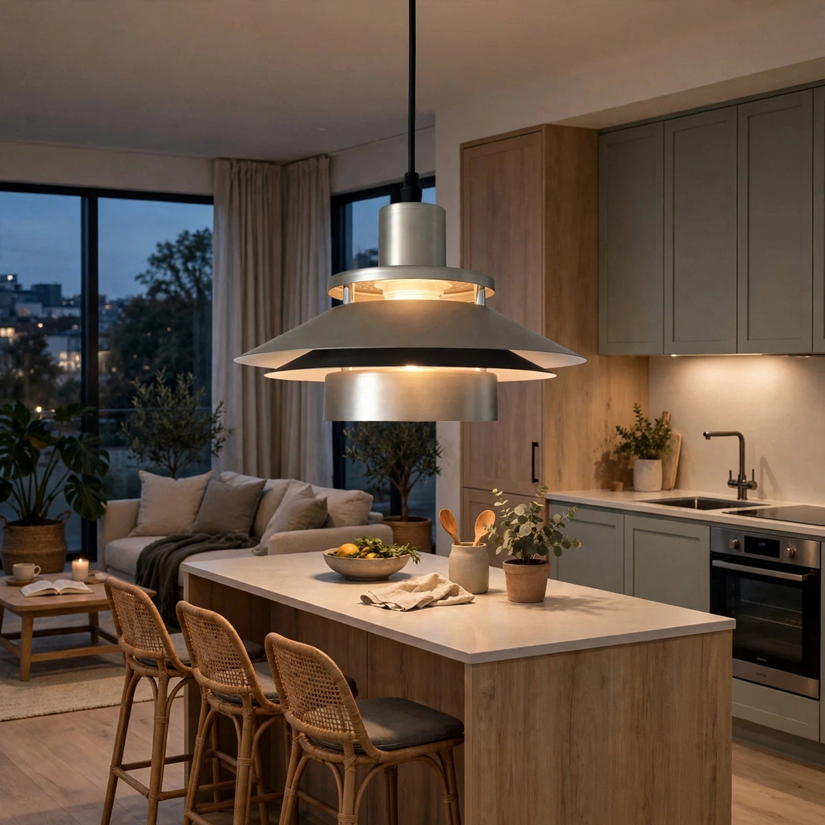 A modern multi-tiered pendant light with brushed silver metal shades and warm white LED lighting, hanging over a kitchen island in a contemporary, well-lit kitchen and living room setting.
