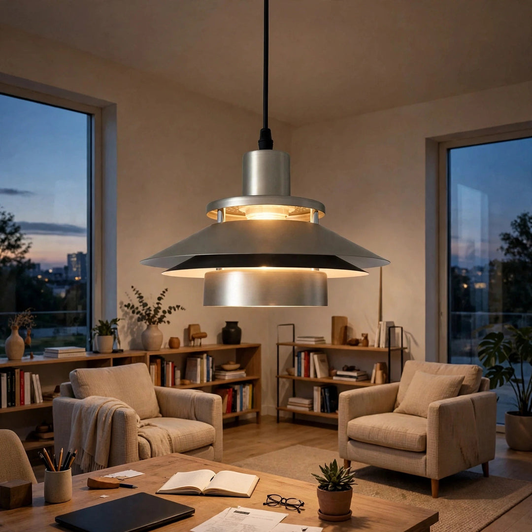 A modern silver pendant light with a wide, tiered conical shade hangs in a warmly lit living room with two beige armchairs, wooden bookshelves, and large windows overlooking a dusk city skyline.