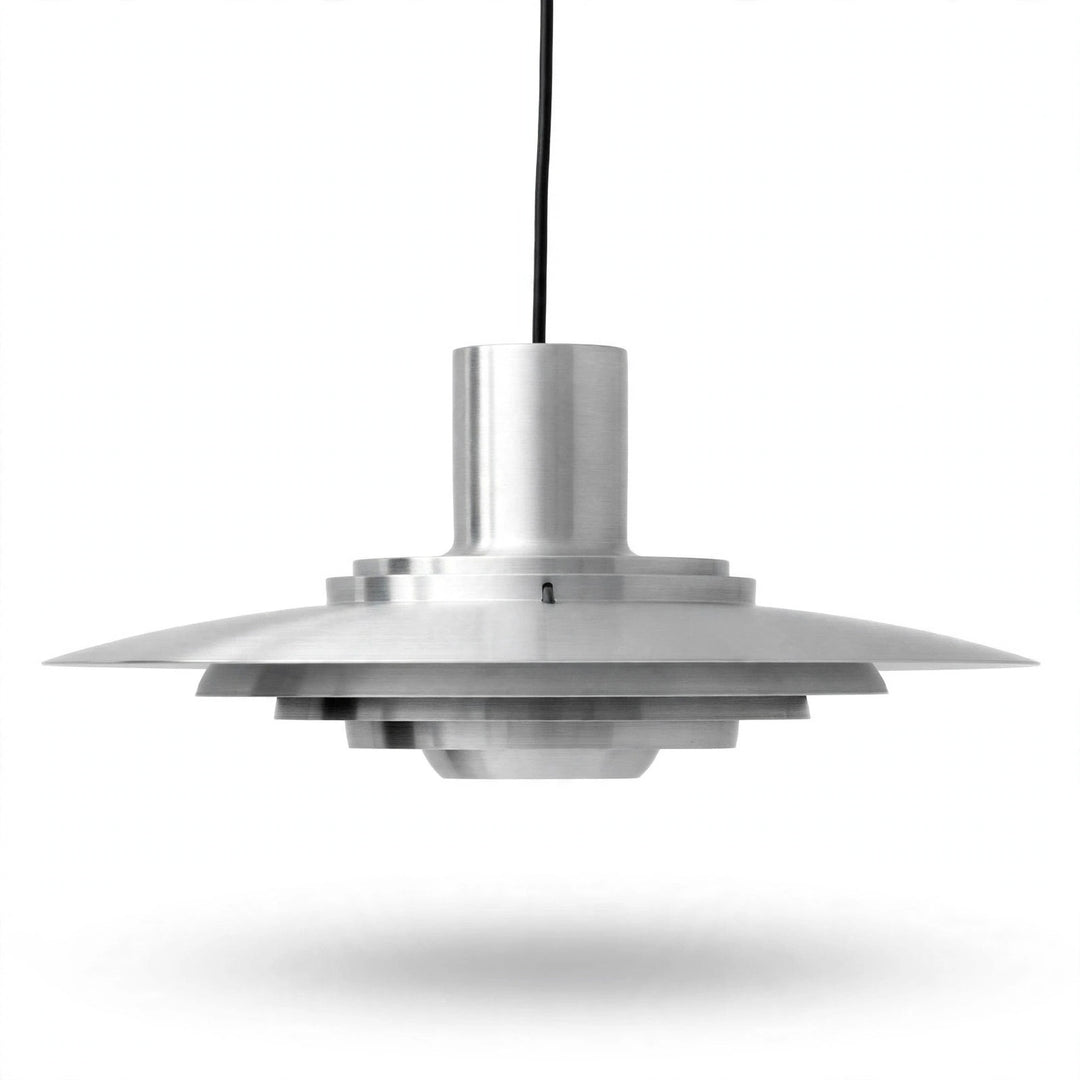 A modern, multi-tiered pendant light fixture made of brushed stainless steel, suspended by a thin black cord against a clean white background.