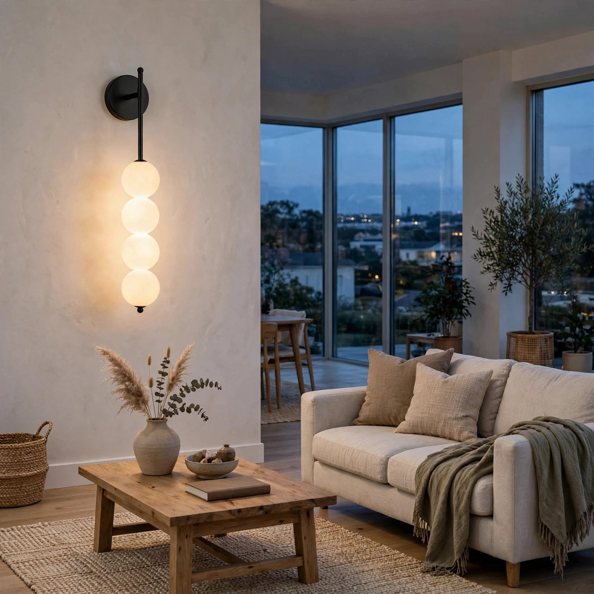 Black wall sconce with four glowing milky white globes on a pale living room wall near a sofa and wooden coffee table.