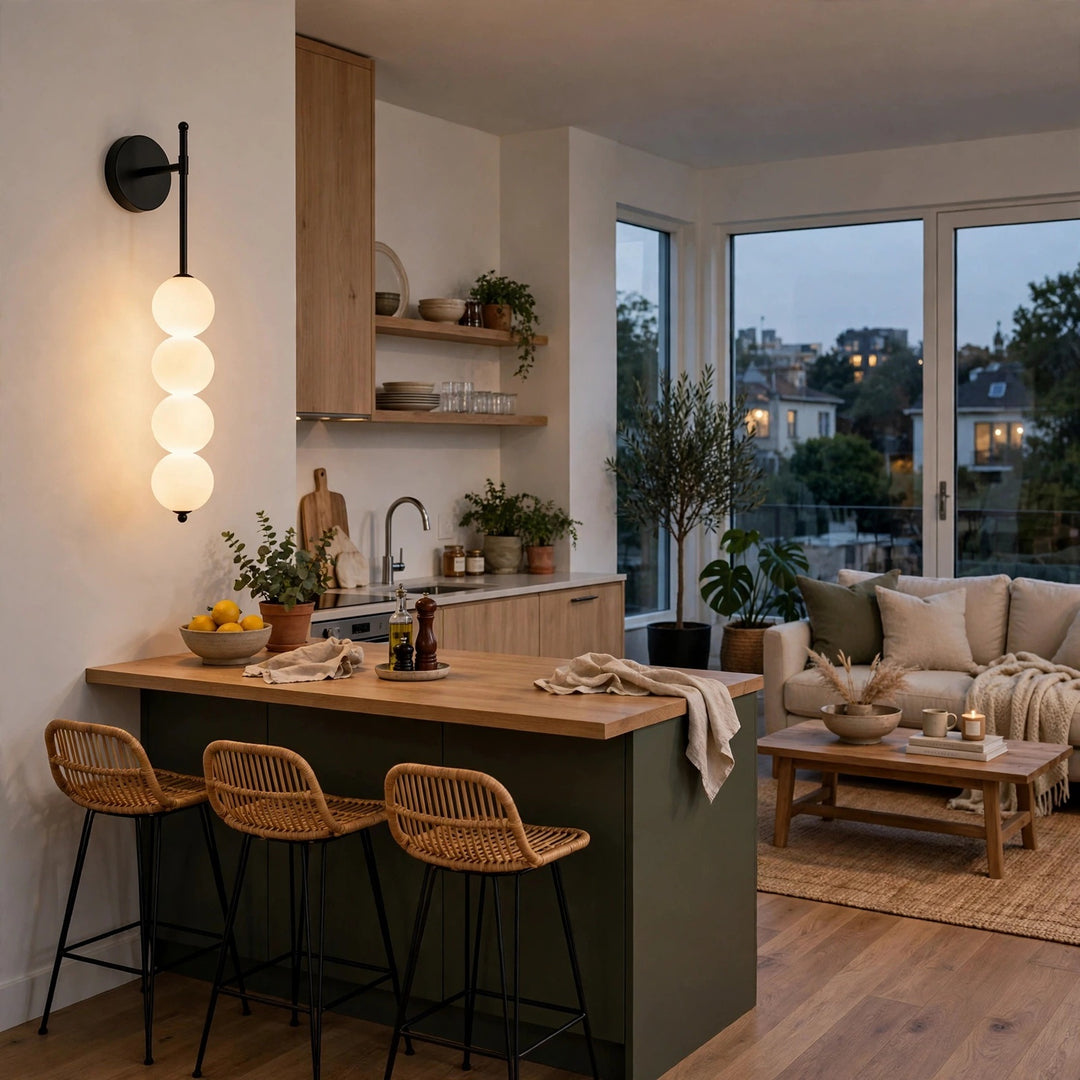 Black wall sconce with four glowing milky white globes on a pale wall beside a kitchen breakfast bar with woven stools.