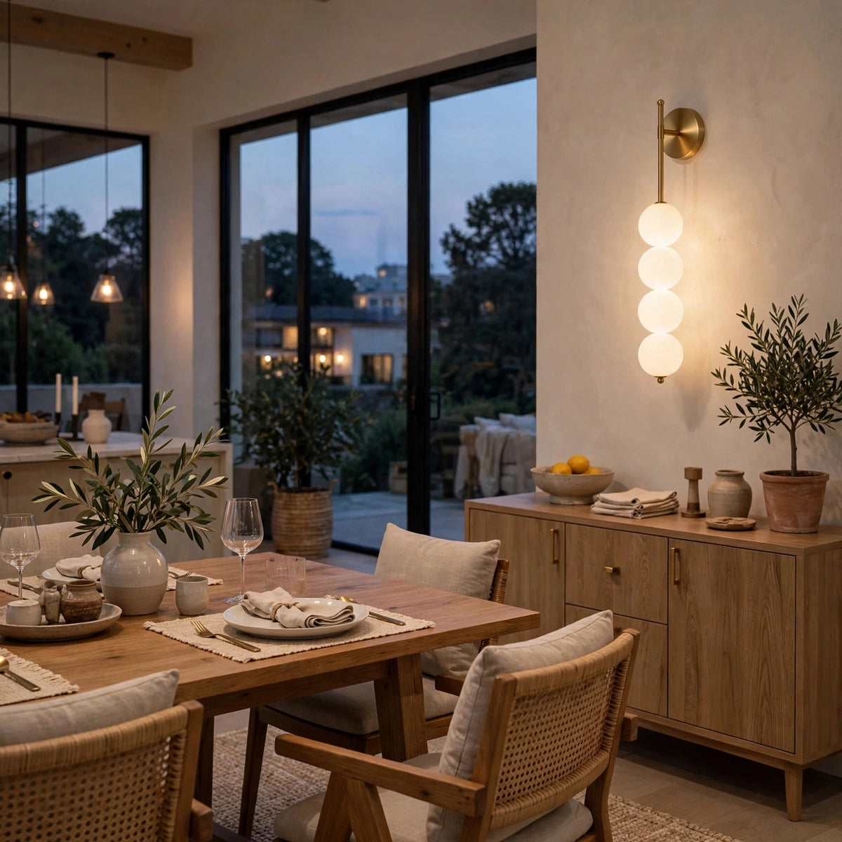 Gold wall sconce with four glowing milky white globes above a wooden sideboard in a dining room at dusk.