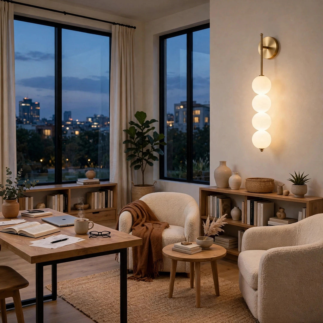A modern living room corner with two cream upholstered armchairs, a wooden desk, bookshelves, and a glowing vertical three-bulb wall sconce on the wall. Large windows reveal a city skyline at dusk.