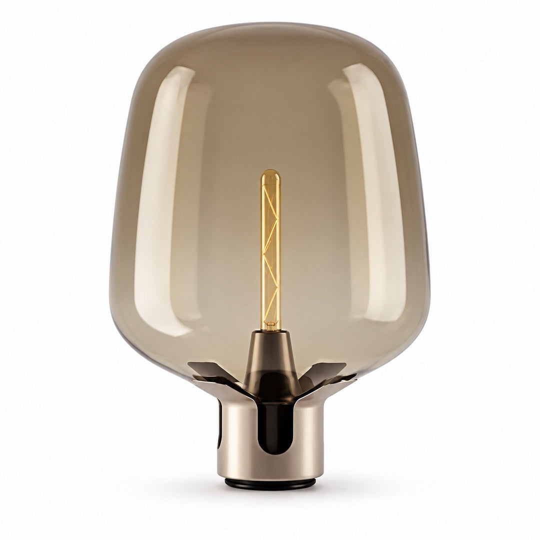 A modern table lamp with a large, rounded translucent smoke-tinted glass shade and a metallic brushed brass base, featuring a visible warm-toned filament bulb inside, set against a plain white background.