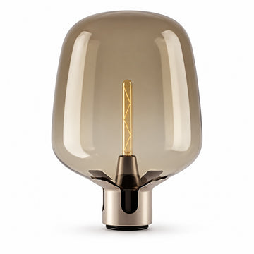 A modern table lamp with a large, rounded translucent smoke-tinted glass shade and a metallic brushed brass base, featuring a visible warm-toned filament bulb inside, set against a plain white background.