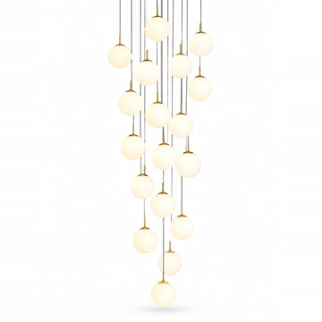 A modern multi-light chandelier featuring multiple spherical frosted glass globes suspended from thin black cords with gold-toned hardware, set against a solid white background.