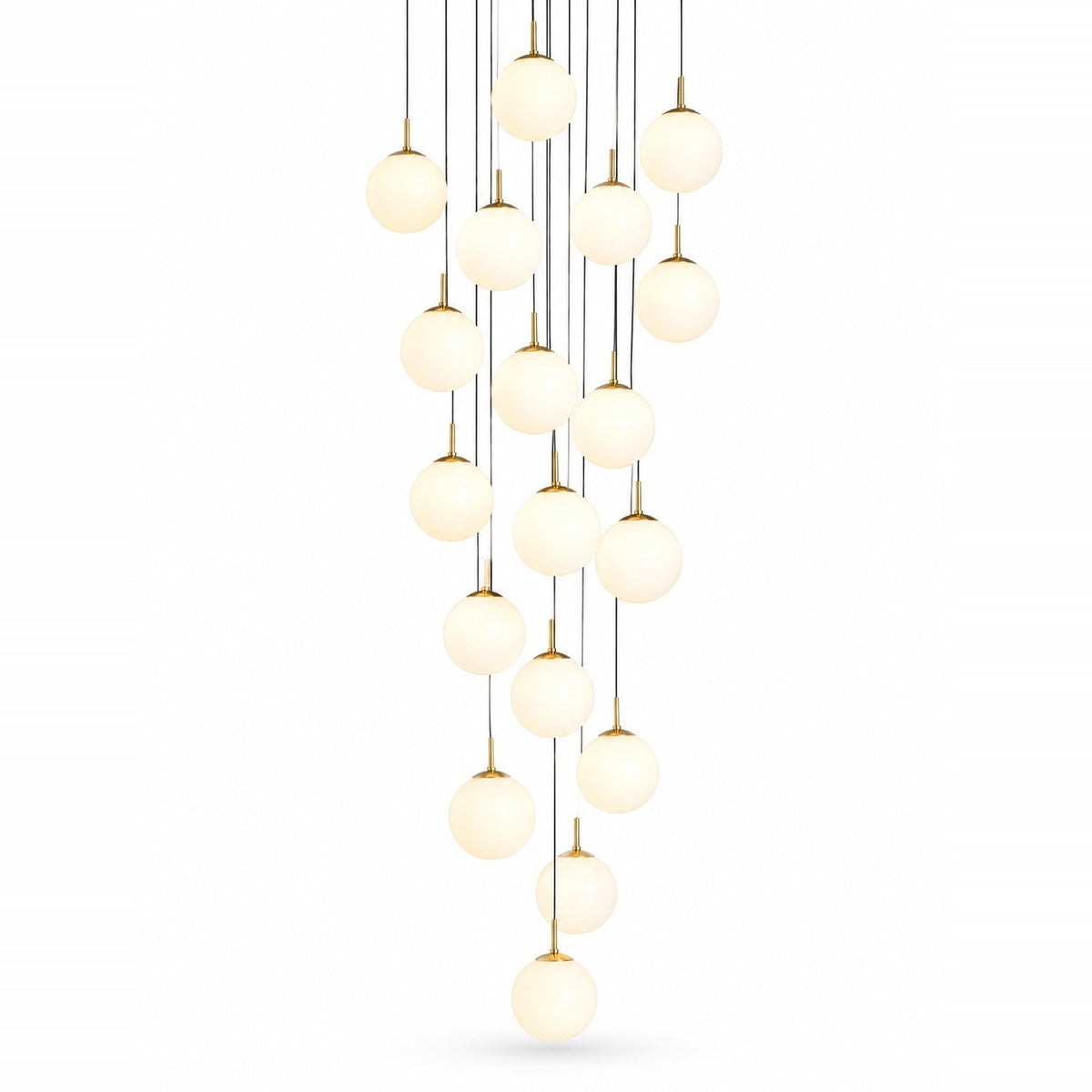A modern multi-light chandelier featuring multiple spherical frosted glass globes suspended from thin black cords with gold-toned hardware, set against a solid white background.