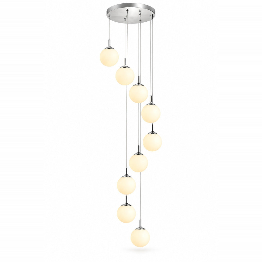 A modern multi-light linear pendant chandelier with nine warm white frosted glass globes suspended from a circular silver ceiling canopy on a white background.